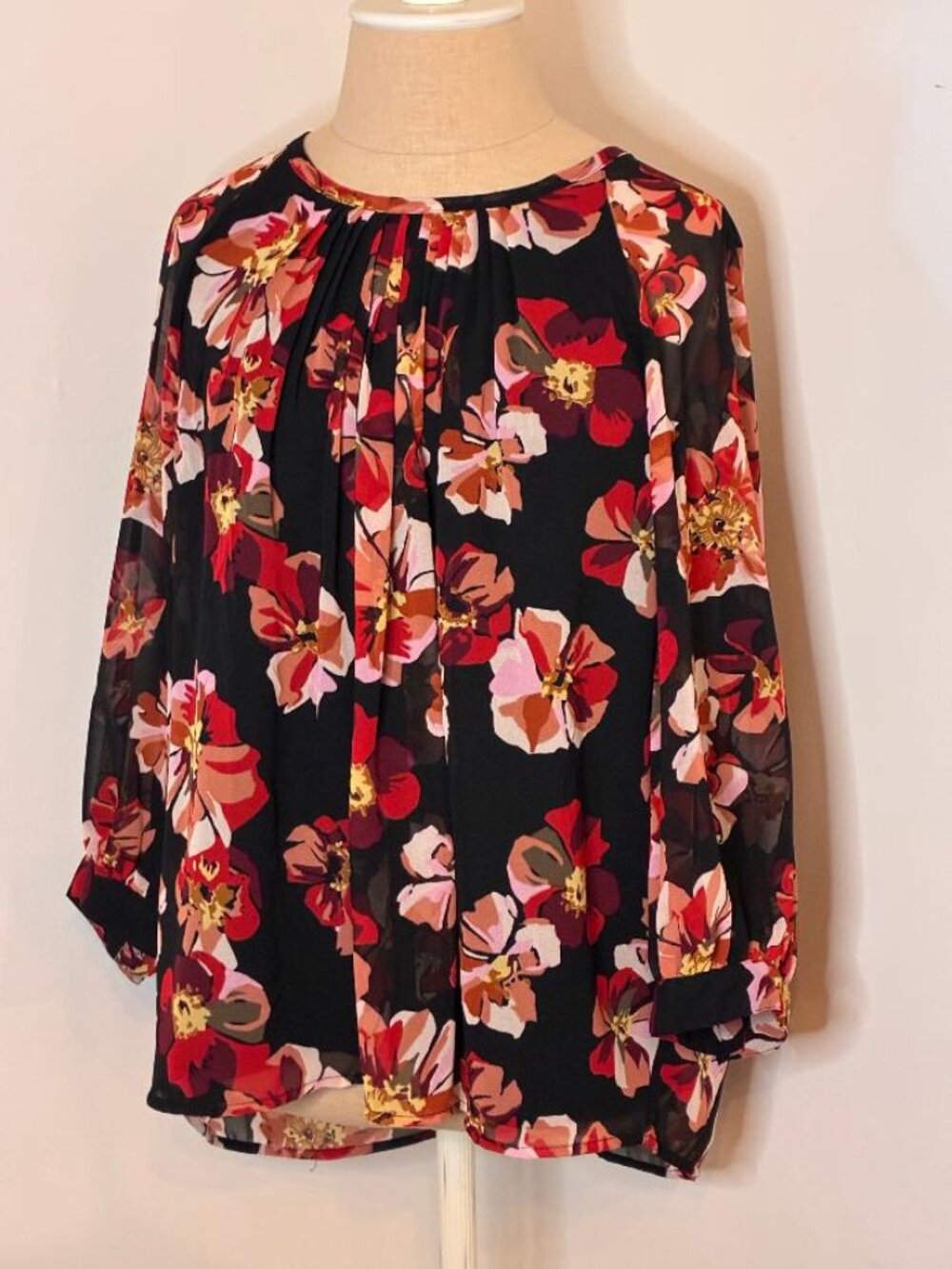 MADEWELL Blouse Top Women's MED French Rose Black Floral 3/4 Sheer Bubble Sleeve